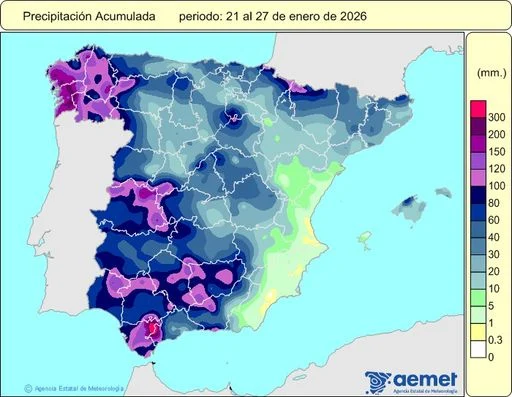 Mapa de Precipitación Acumulada en el periodo 21 al 27 de enero 2026. (Fuente: AEMET)