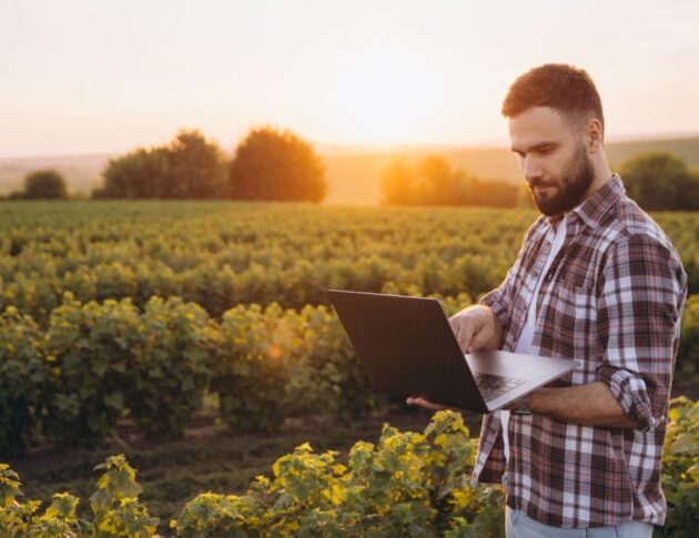 hombre con ordenador en campo de cultivo